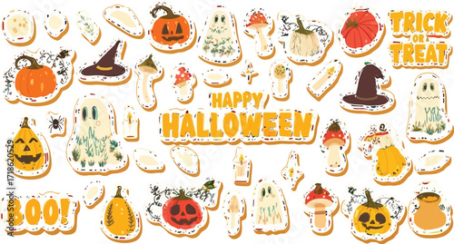 Fun and festive Halloween sticker set featuring pumpkins, ghosts, mushrooms, and witch hats for holiday designs and seasonal promotions