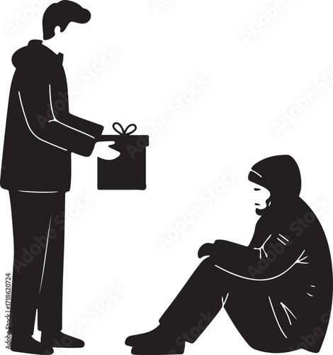 Minimalist monochrome illustration of a person giving a gift to someone in need