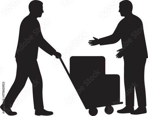 Silhouette of two men exchanging a large box on a hand truck