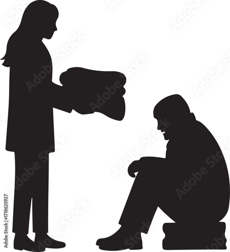 Silhouette of a person giving warm clothes to a person in need