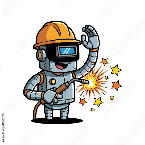 Cute Cartoon Welding Robot Industrial Automation Mascot Illustration