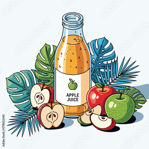 A bottle of apple juice surrounded by apples and tropical leaves on a white background.