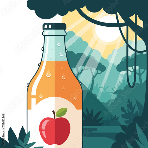 Refreshing apple juice bottle with condensation, set against a lush jungle background with sun rays.