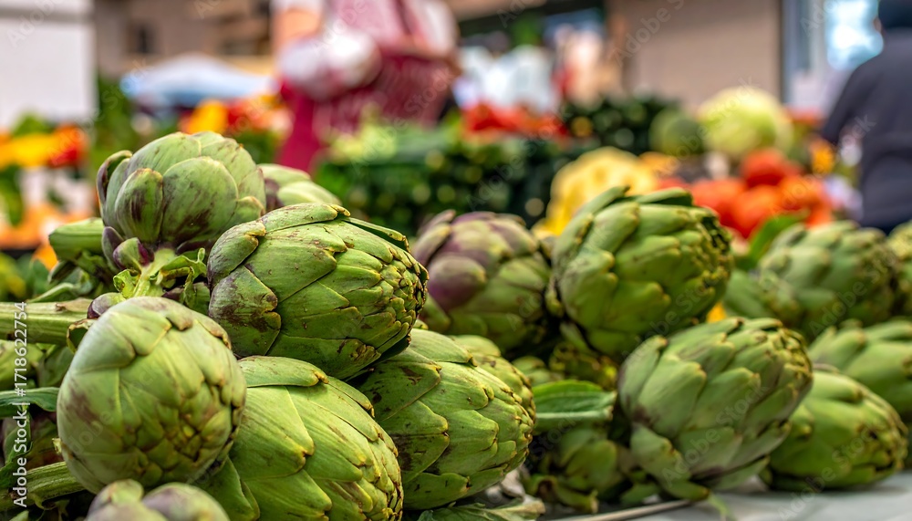 Obraz premium Fresh artichokes at a market stall