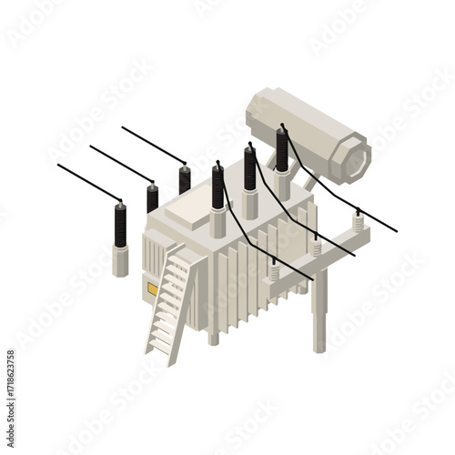 Electrical Transformer and Power Lines Isometric View.