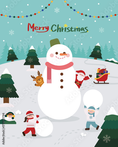 01 메리크리스마스 눈사람 눈싸움 겨울 배경 일러스트