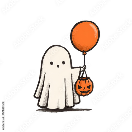 A cute, hand-drawn ghost celebrates Halloween holding an orange balloon and a jack-o'-lantern candy pail.