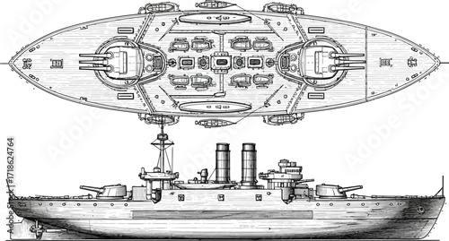 Detailed blueprint and side profile of a classic battleship, showcasing its powerful naval design and historical significance for maritime enthusiasts.