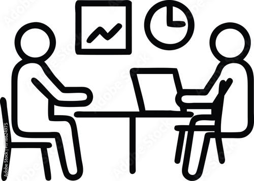 Business meeting icon with people, laptop, chart and clock Keywords: business, meeting, discussion, icon