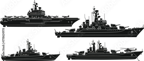 Powerful fleet silhouettes featuring aircraft carrier, destroyer, and patrol boats ready for naval operations and defense