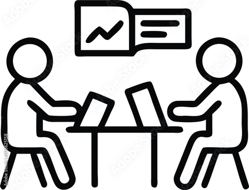 Business meeting icon with people, laptops and presentation chart Keywords: business, meeting, discussion