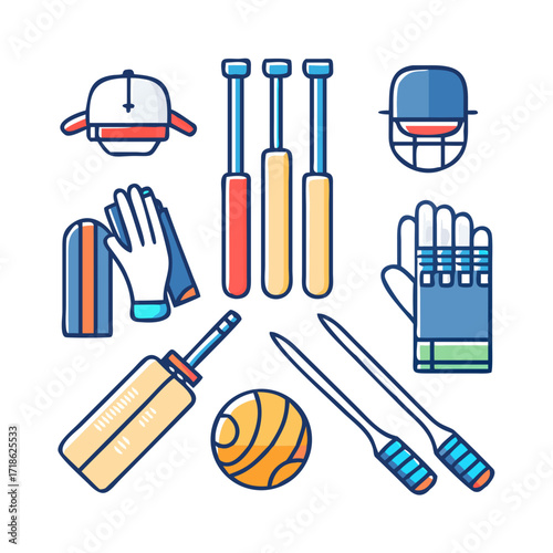 “Cricket equipment flat icons set – bat, ball, wicket outline & colour”