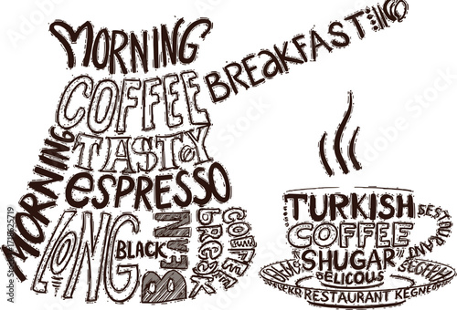 Delicious Turkish coffee and breakfast concept with morning words in a modern design