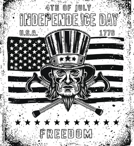Celebrate Independence Day with a bold Uncle Sam design featuring the American flag and powerful symbols of freedom, perfect for patriotic events and merchandise.