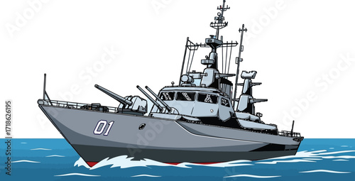 Powerful naval warship with cannons cruises through blue ocean waters under a clear sky