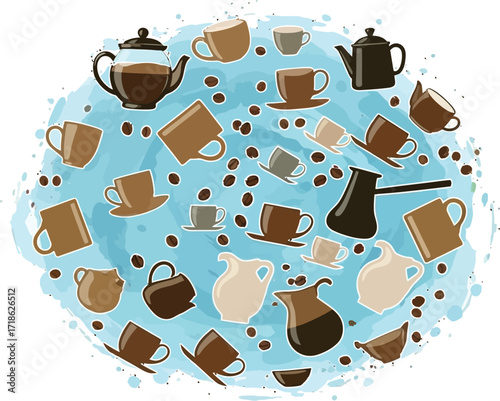 Vibrant coffee cups and pots scatter playfully on a blue watercolor splash, evoking morning energy