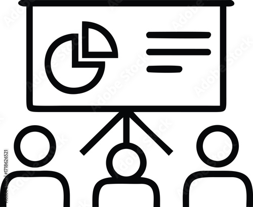 Three people watching a pie chart and bullet points on a presentation screen meeting audience