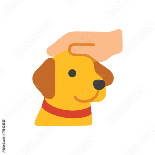 Pet care hand gently strokes a happy cartoon dogs head showing love and affection.