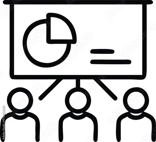 Three people watching a pie chart and bullet points on a presentation screen meeting audience
