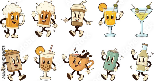 Delightful drinks characters cheerfully walking with smiles, perfect for fun beverage branding
