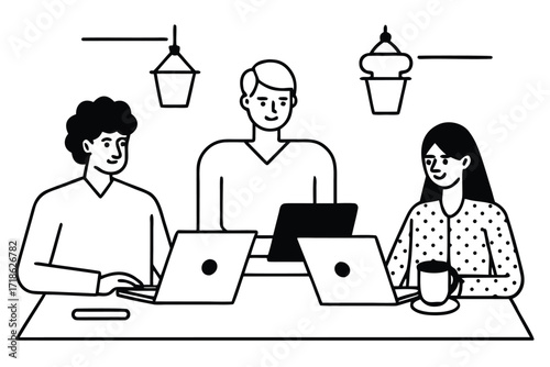 Three people working together at a table with laptops and coffee cups Keywords: business, meeting