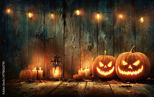 Two carved jack-o'-lanterns with candles and lantern on wooden background.