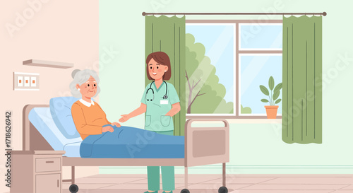 A compassionate nurse provides supportive care to an elderly patient, creating a warm and reassuring atmosphere in the sunlit room. Vector Illustration.