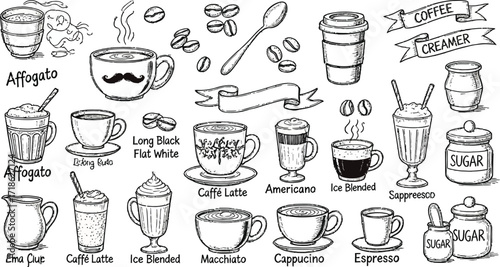 Hand-drawn coffee menu with various styles, perfect for cafe branding, menus, and design needs