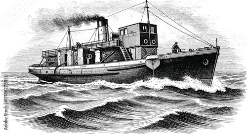 Vintage steamship navigates choppy seas, capturing the spirit of maritime adventure and historical travel with its detailed etching style.