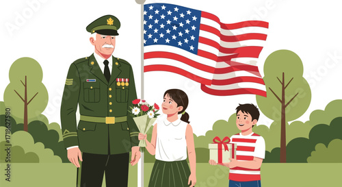 Proud veteran honored by grateful children holding gifts and flowers with American flag waving proudly