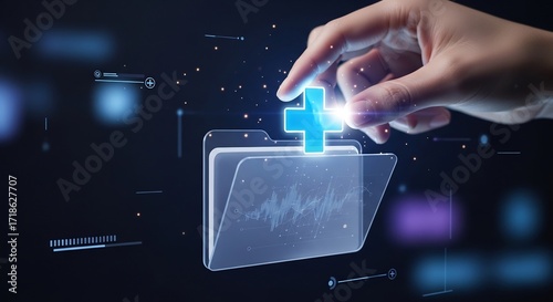 Hand adds new patient data to a secure electronic medical records folder, illustrating advanced digital health management technology for efficient healthcare information