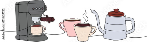 Modern coffee setup with espresso machine, mugs, and kettle for a relaxing morning routine
