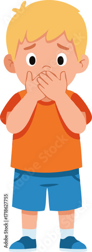 A Child with Hands Covering Mouth in a Flat Design Style
