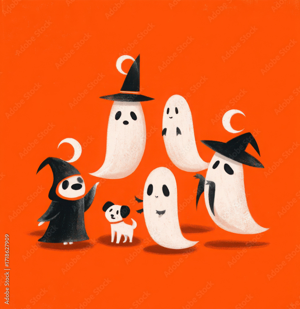 Obraz premium Five cute ghosts, a dog, and two witches in Halloween costumes.