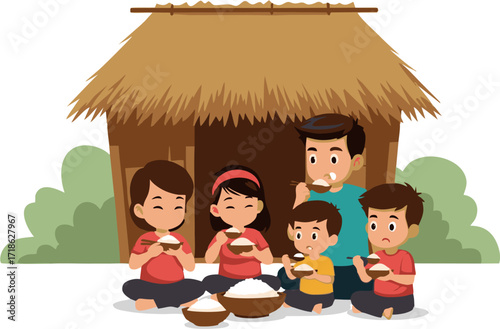 A Family Sharing a Meal Under a Straw Hut