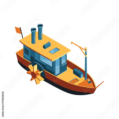 Isometric Paddle Steamer Boat Illustration.