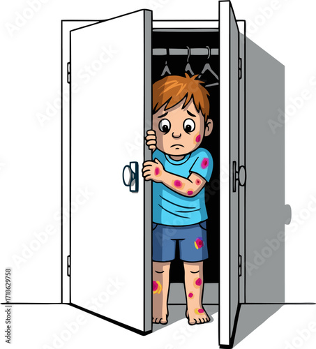 Anxious Cartoon Boy with Skin Rash Hiding in a Partially Open Closet