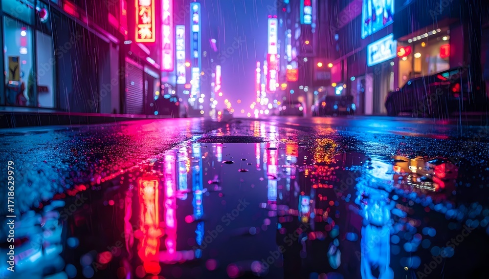 Obraz premium Neon City Street Reflection at Night.
