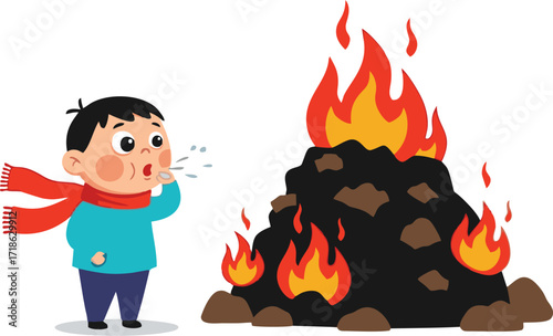 Boy in Red Scarf Blowing on Embers to Start a Fire