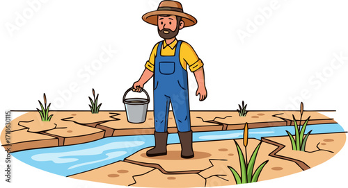 Bearded Farmer with Bucket by Dried Creek Bed