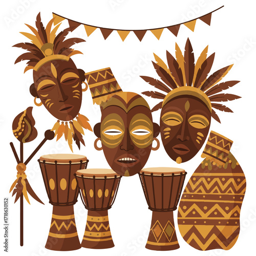 A decorative set of African tribal elements featuring geometric masks, ethnic drums, and traditional ornamental patterns vector illustration