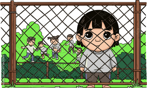 Cartoon Boy Behind Fence Watching Children Play in a Green Field