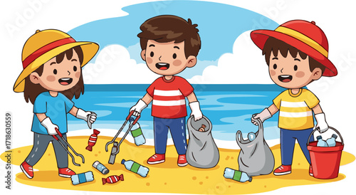 Cartoon Children Cleaning Beach with Tongs, Bags, and Bucket, Promoting Environmental Awareness