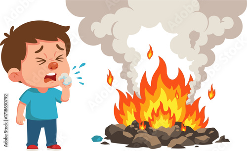 Cartoon Boy Coughing with Tissue Near Smoky Fire Illustration