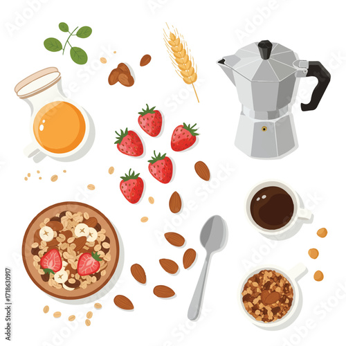 Healthy Breakfast Granola, Berries, Coffee, and More