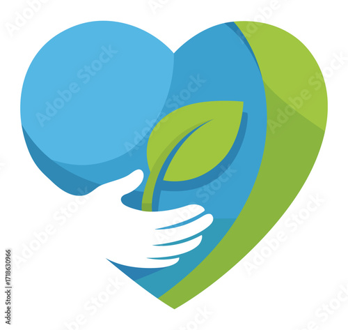 A hand vector icon holding a green leaf inside a blue heart, representing love for nature, eco-friendly living, and environmental care