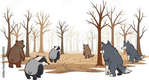 Cartoon Forest Scene with Bear, Badgers, and Wolves on Cracked Earth