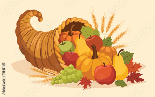 Abundant Thanksgiving cornucopia filled with fresh fruits and vegetables