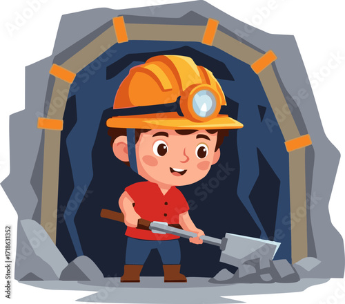 Cartoon Miner Boy with Shovel and Headlamp in Mine Entrance Illustration