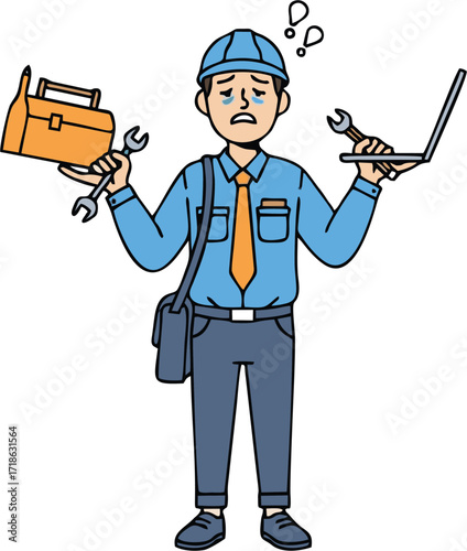 Cartoon Technician Overwhelmed with Laptop, Toolbox, and Wrench Dilemma